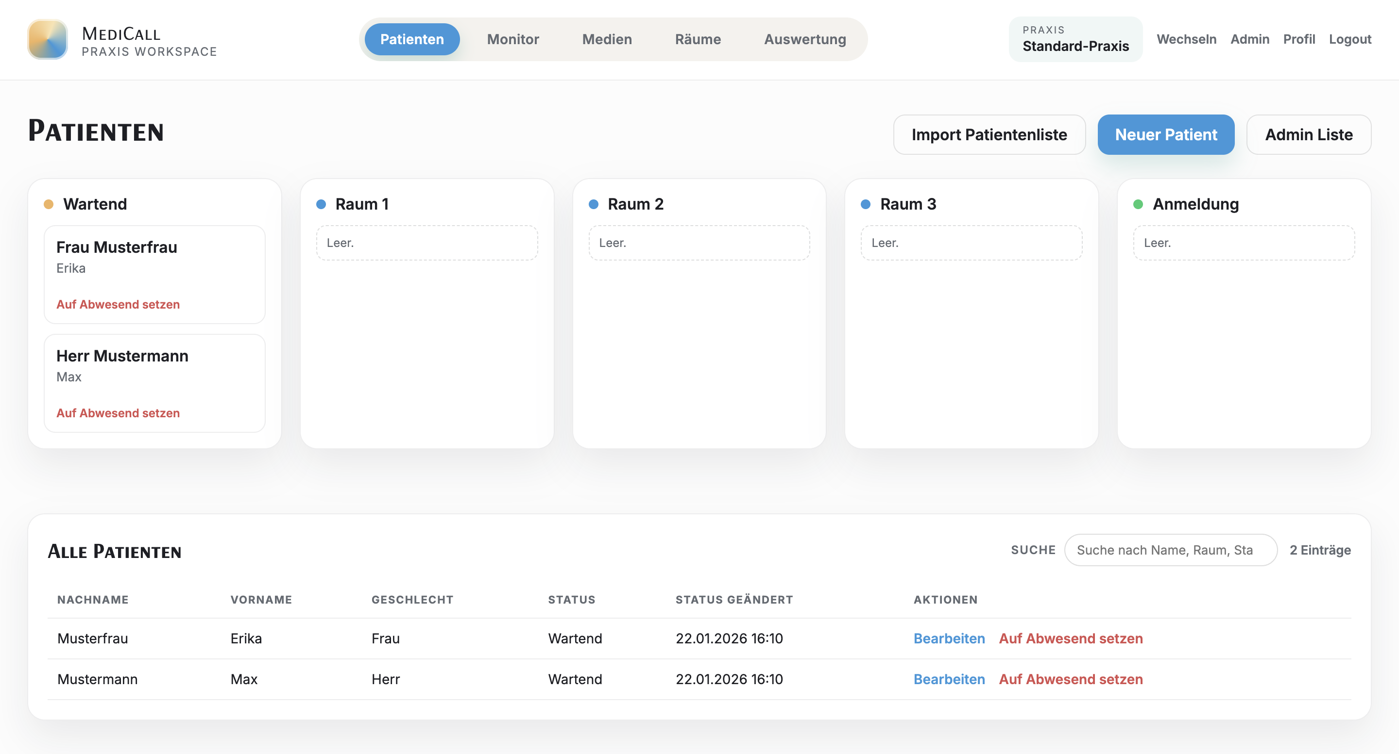 VISUX Patientenboard mit Raumspalten