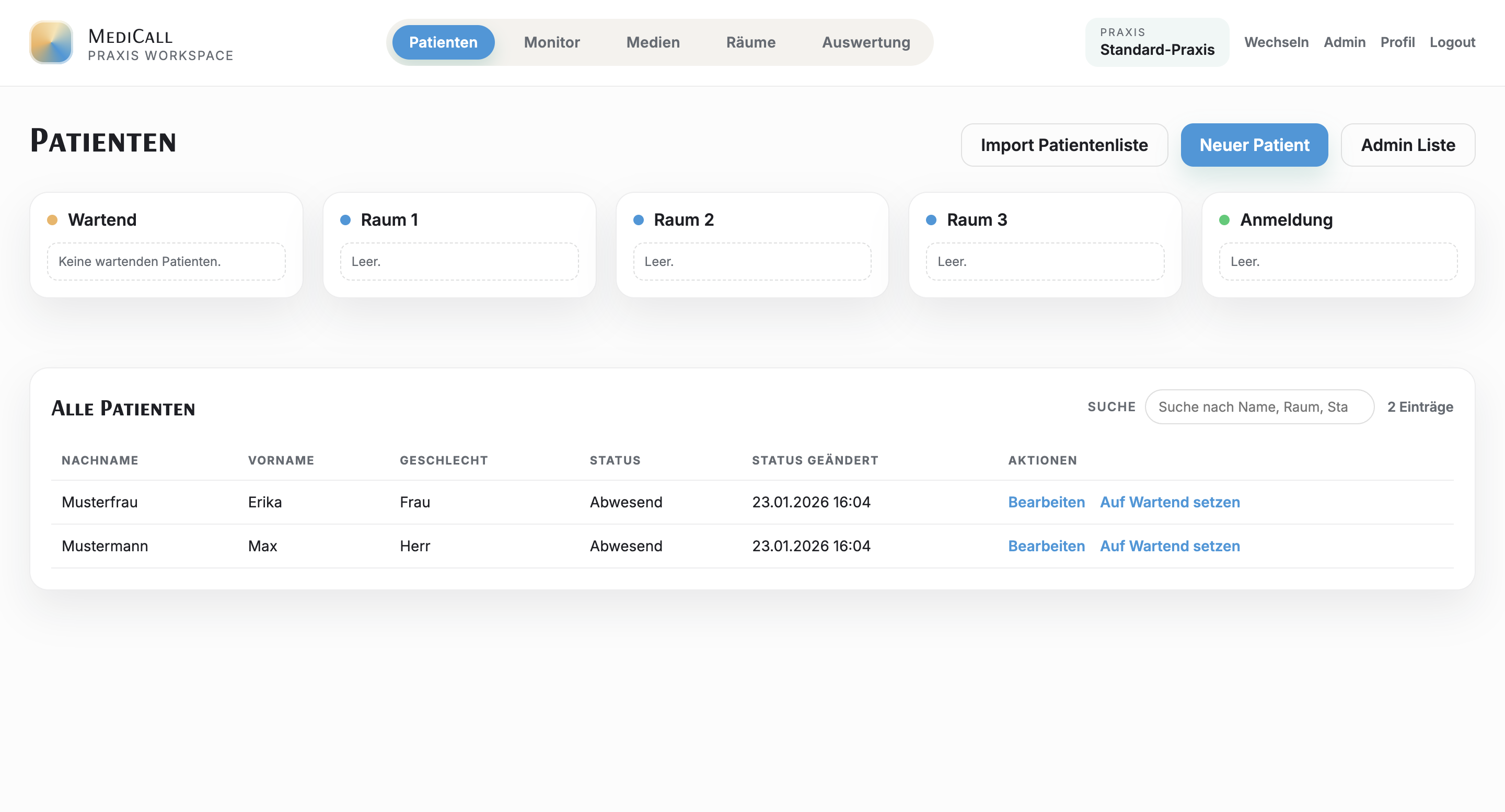 VISUX Patientenboard mit Wartestatus